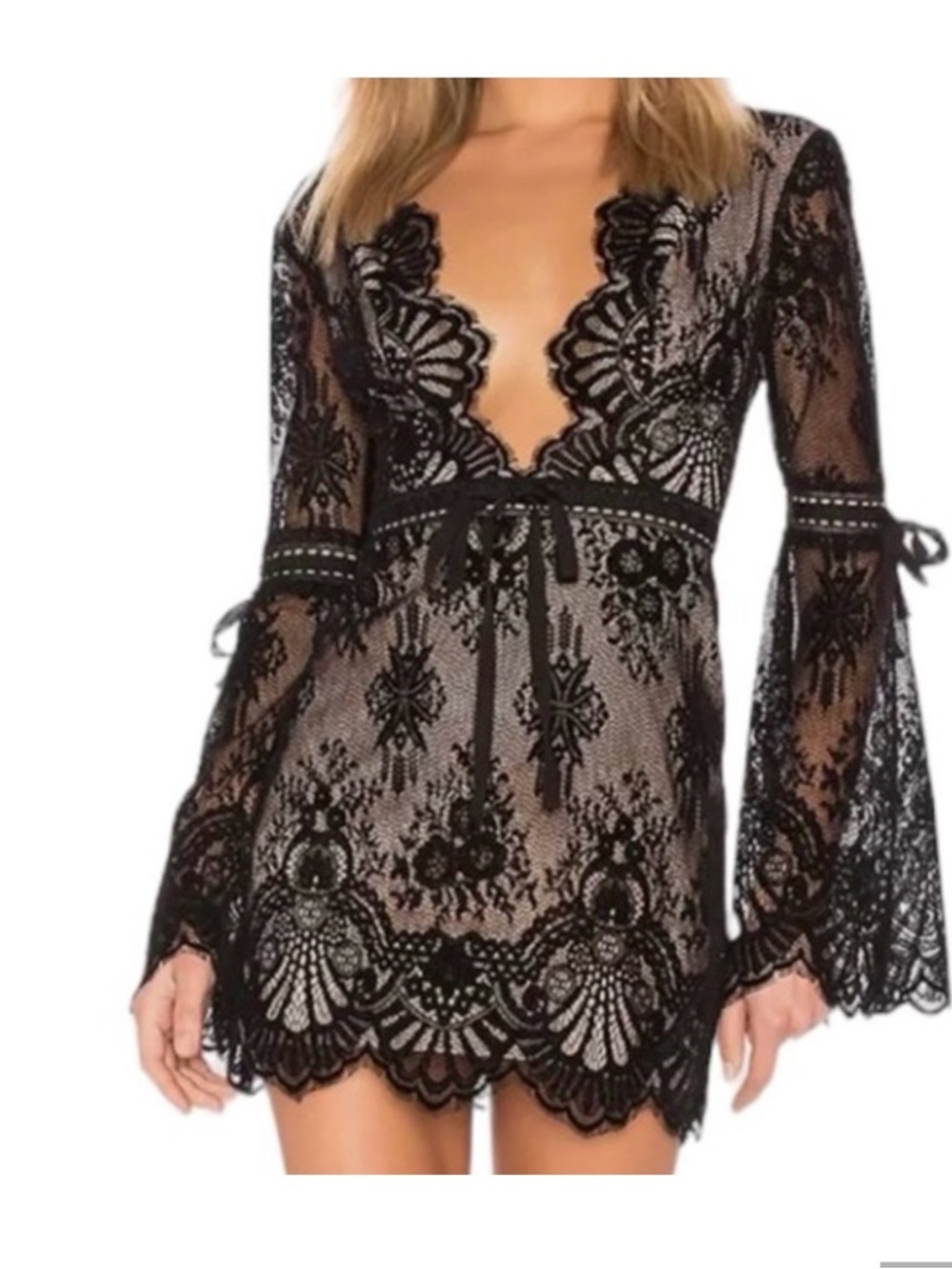 Lovers + Friends Sheer Black Lace Plunge Babydoll Mini with Bell Sleeves